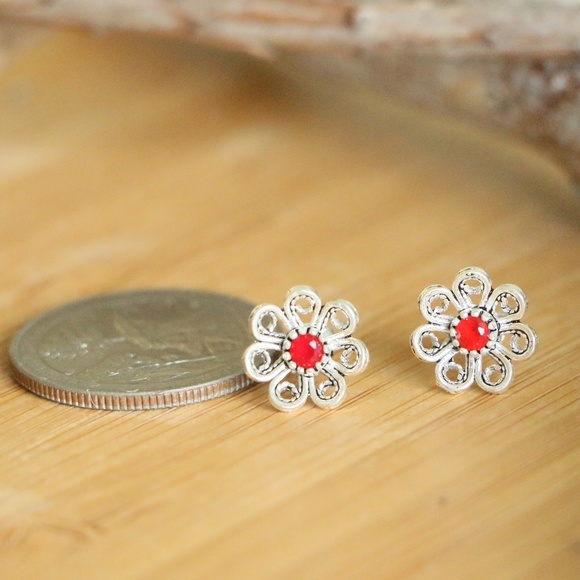 925 Sterling Silver red jade stone Earrings - Picture 3 of 7